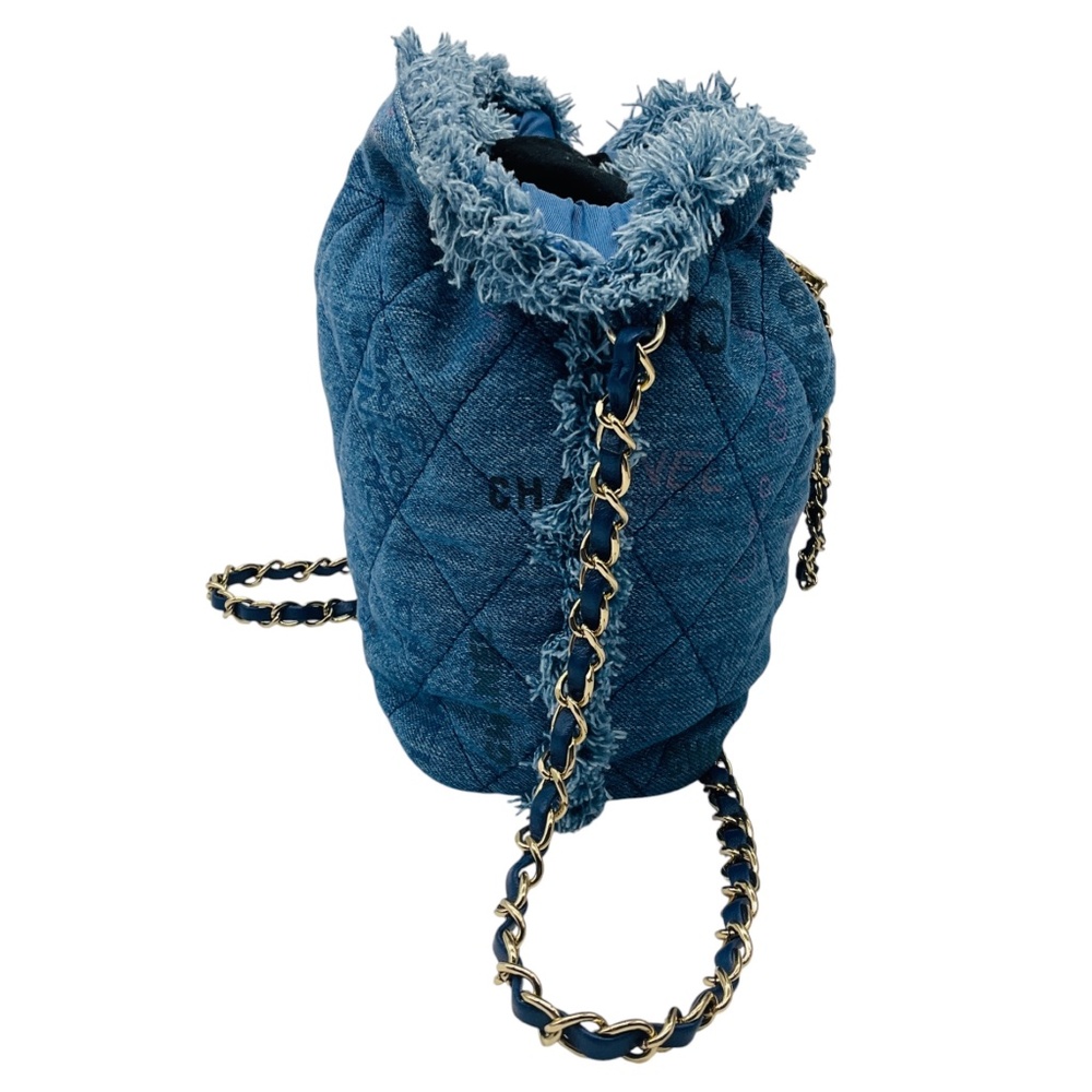 CHANEL 2022 BLUE MULTI QUILTED FRINGED LOGO PRINTED DENIM MOOD CHAIN MINI SHOULD - Picture 2 of 13